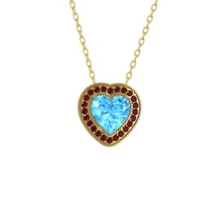 Esinti Kalp Kolye - Akuamarin ve kök yakut 14 ayar altın kolye (40 cm altın rolo zincir) #1vhw3a6