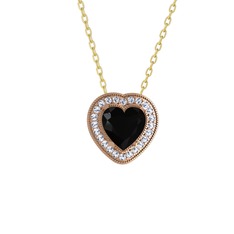 Esinti Kalp Kolye - Siyah zirkon ve swarovski 8 ayar rose altın kolye (40 cm altın rolo zincir) #1wh3ak3