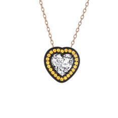 Esinti Kalp Kolye - Beyaz zirkon ve sitrin 925 ayar siyah rodyum kaplama gümüş kolye (40 cm rose altın rolo zincir) #1wjeyi