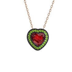 Esinti Kalp Kolye - Garnet ve peridot 925 ayar siyah rodyum kaplama gümüş kolye (40 cm rose altın rolo zincir) #1wmcezk