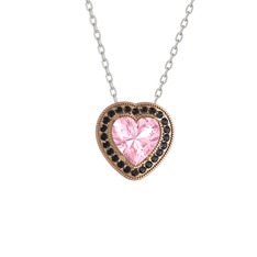 Pembe kuvars ve siyah zirkon 18 ayar rose altın kolye (40 cm beyaz altın rolo zincir)