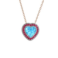 Akuamarin ve rodolit garnet 8 ayar beyaz altın kolye (40 cm rose altın rolo zincir)