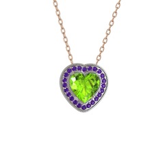 Peridot ve ametist 8 ayar beyaz altın kolye (40 cm rose altın rolo zincir)