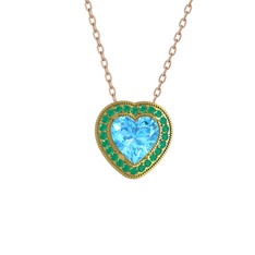 Esinti Kalp Kolye - Akuamarin ve kök zümrüt 14 ayar altın kolye (40 cm rose altın rolo zincir) #1y9jlto