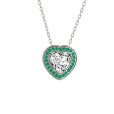 Esinti Kalp Kolye - Beyaz zirkon ve kök zümrüt 18 ayar beyaz altın kolye (40 cm beyaz altın rolo zincir) #1ya6kky