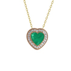 Kök zümrüt ve pırlanta 925 ayar rose altın kaplama gümüş kolye (0.264 karat, 40 cm gümüş rolo zincir)