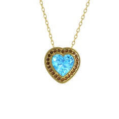 Akuamarin ve dumanlı kuvars 925 ayar altın kaplama gümüş kolye (40 cm altın rolo zincir)