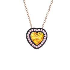 Sitrin ve pembe kuvars 925 ayar siyah rodyum kaplama gümüş kolye (40 cm rose altın rolo zincir)