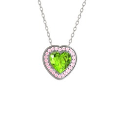 Esinti Kalp Kolye - Peridot ve pembe kuvars 8 ayar beyaz altın kolye (40 cm beyaz altın rolo zincir) #2p6ux9