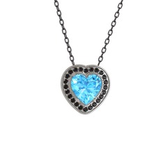 Esinti Kalp Kolye - Akuamarin ve siyah zirkon 18 ayar beyaz altın kolye (40 cm gümüş rolo zincir) #2v6xga