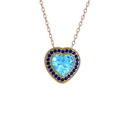 Akuamarin ve lab safir 8 ayar altın kolye (40 cm rose altın rolo zincir)