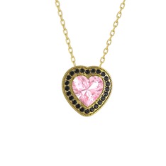 Esinti Kalp Kolye - Pembe kuvars ve siyah zirkon 8 ayar altın kolye (40 cm altın rolo zincir) #3coo9s