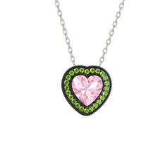Pembe kuvars ve peridot 925 ayar siyah rodyum kaplama gümüş kolye (40 cm beyaz altın rolo zincir)