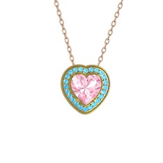 Pembe kuvars ve akuamarin 18 ayar altın kolye (40 cm gümüş rolo zincir)