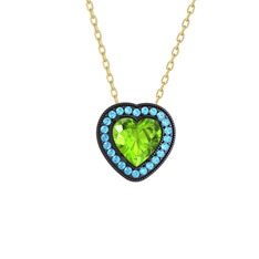 Esinti Kalp Kolye - Peridot ve akuamarin 925 ayar siyah rodyum kaplama gümüş kolye (40 cm altın rolo zincir) #4mox4o