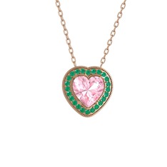 Esinti Kalp Kolye - Pembe kuvars ve kök zümrüt 925 ayar rose altın kaplama gümüş kolye (40 cm gümüş rolo zincir) #5fxxk6