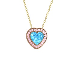 Akuamarin ve pembe kuvars 18 ayar rose altın kolye (40 cm altın rolo zincir)