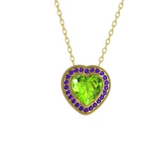 Esinti Kalp Kolye - Peridot ve ametist 925 ayar altın kaplama gümüş kolye (40 cm altın rolo zincir) #66076r