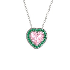 Pembe kuvars ve yeşil kuvars 14 ayar beyaz altın kolye (40 cm beyaz altın rolo zincir)