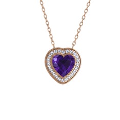 Ametist ve swarovski 18 ayar rose altın kolye (40 cm rose altın rolo zincir)