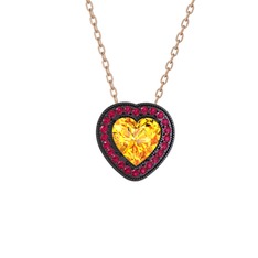 Sitrin ve rodolit garnet 925 ayar siyah rodyum kaplama gümüş kolye (40 cm rose altın rolo zincir)