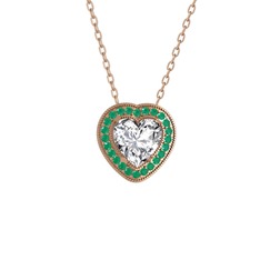 Esinti Kalp Kolye - Beyaz zirkon ve kök zümrüt 14 ayar rose altın kolye (40 cm rose altın rolo zincir) #712hck