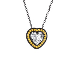 Esinti Kalp Kolye - Swarovski ve sitrin 925 ayar siyah rodyum kaplama gümüş kolye (40 cm gümüş rolo zincir) #75cxrp