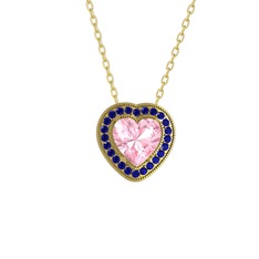 Esinti Kalp Kolye - Pembe kuvars ve lab safir 8 ayar altın kolye (40 cm altın rolo zincir) #8hk02u