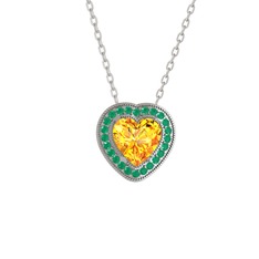 Esinti Kalp Kolye - Sitrin ve kök zümrüt 14 ayar beyaz altın kolye (40 cm beyaz altın rolo zincir) #9blv7y