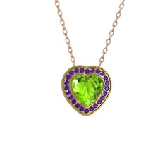 Esinti Kalp Kolye - Peridot ve ametist 8 ayar altın kolye (40 cm rose altın rolo zincir) #connf0