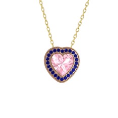 Pembe kuvars ve lab safir 18 ayar rose altın kolye (40 cm altın rolo zincir)