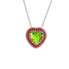 Esinti Kalp Kolye - Peridot ve rodolit garnet 14 ayar rose altın kolye (40 cm beyaz altın rolo zincir) #d68n22