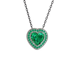 Esinti Kalp Kolye - Yeşil kuvars ve kök zümrüt 18 ayar beyaz altın kolye (40 cm gümüş rolo zincir) #e2w307
