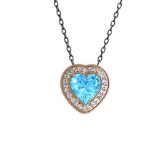 Esinti Kalp Kolye - Akuamarin ve pırlanta 925 ayar rose altın kaplama gümüş kolye (0.264 karat, 40 cm gümüş rolo zincir) #e3ic7j