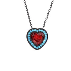 Garnet ve akuamarin 925 ayar siyah rodyum kaplama gümüş kolye (40 cm gümüş rolo zincir)
