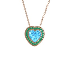 Esinti Kalp Kolye - Akuamarin ve kök zümrüt 18 ayar rose altın kolye (40 cm rose altın rolo zincir) #ftaiyi