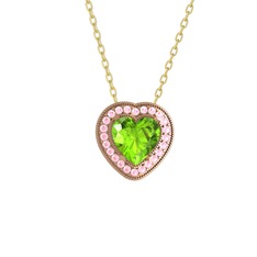 Esinti Kalp Kolye - Peridot ve pembe kuvars 18 ayar rose altın kolye (40 cm altın rolo zincir) #hg8x6f
