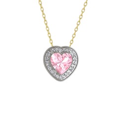 Pembe kuvars ve pırlanta 18 ayar beyaz altın kolye (0.264 karat, 40 cm altın rolo zincir)