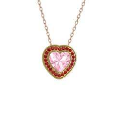 Pembe kuvars ve garnet 18 ayar altın kolye (40 cm rose altın rolo zincir)