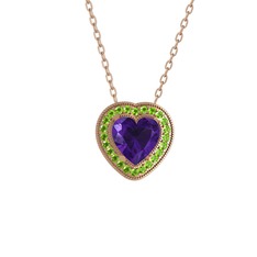 Esinti Kalp Kolye - Ametist ve peridot 8 ayar rose altın kolye (40 cm rose altın rolo zincir) #ik9c6v