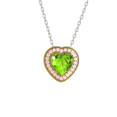 Esinti Kalp Kolye - Peridot ve pembe kuvars 925 ayar altın kaplama gümüş kolye (40 cm beyaz altın rolo zincir) #k4beqb