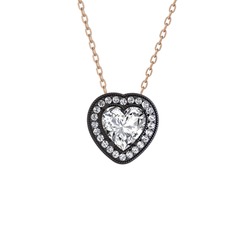 Esinti Kalp Kolye - Swarovski ve pırlanta 925 ayar siyah rodyum kaplama gümüş kolye (0.264 karat, 40 cm rose altın rolo zincir) #m6k06y