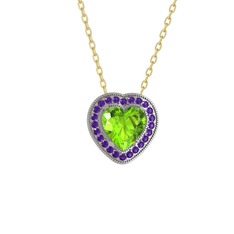 Esinti Kalp Kolye - Peridot ve ametist 8 ayar beyaz altın kolye (40 cm altın rolo zincir) #o514jh