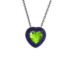Esinti Kalp Kolye - Peridot ve lab safir 925 ayar siyah rodyum kaplama gümüş kolye (40 cm gümüş rolo zincir) #owi9xs