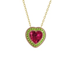 Esinti Kalp Kolye - Rodolit garnet ve peridot 925 ayar rose altın kaplama gümüş kolye (40 cm altın rolo zincir) #qebaln