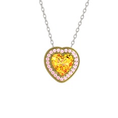 Sitrin ve pembe kuvars 8 ayar altın kolye (40 cm beyaz altın rolo zincir)