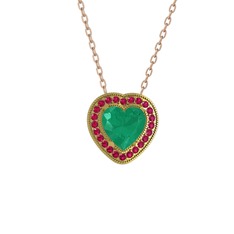Kök zümrüt ve rodolit garnet 18 ayar altın kolye (40 cm rose altın rolo zincir)
