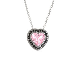 Esinti Kalp Kolye - Pembe kuvars ve siyah zirkon 14 ayar beyaz altın kolye (40 cm beyaz altın rolo zincir) #t79783