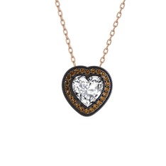 Swarovski ve dumanlı kuvars 925 ayar siyah rodyum kaplama gümüş kolye (40 cm rose altın rolo zincir)