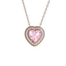Pembe kuvars ve beyaz zirkon 925 ayar rose altın kaplama gümüş kolye (40 cm rose altın rolo zincir)